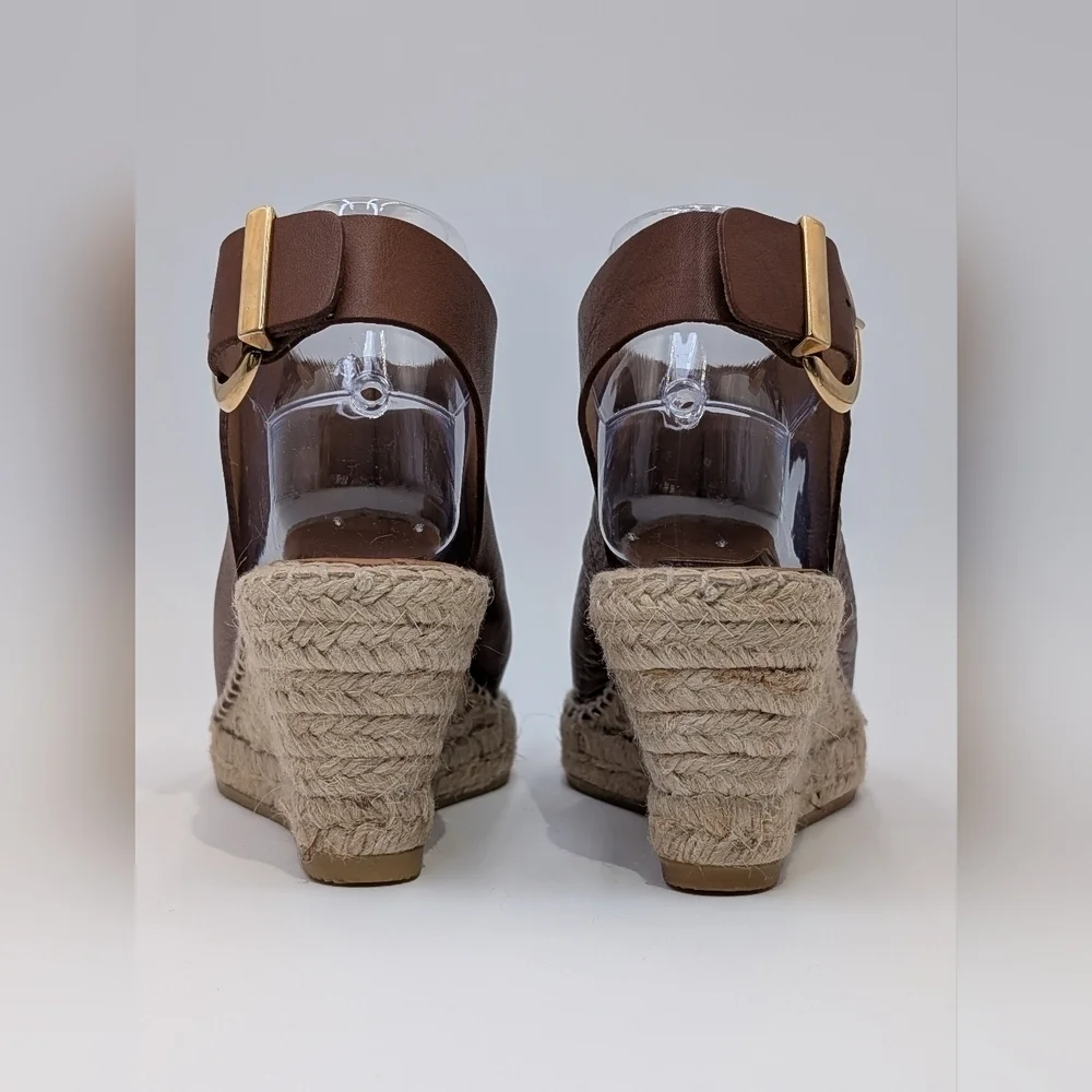 Kanna Peep Toe Spain Slingback Brown Leather Espadrille Wedge Sandals Size‎ 6.5